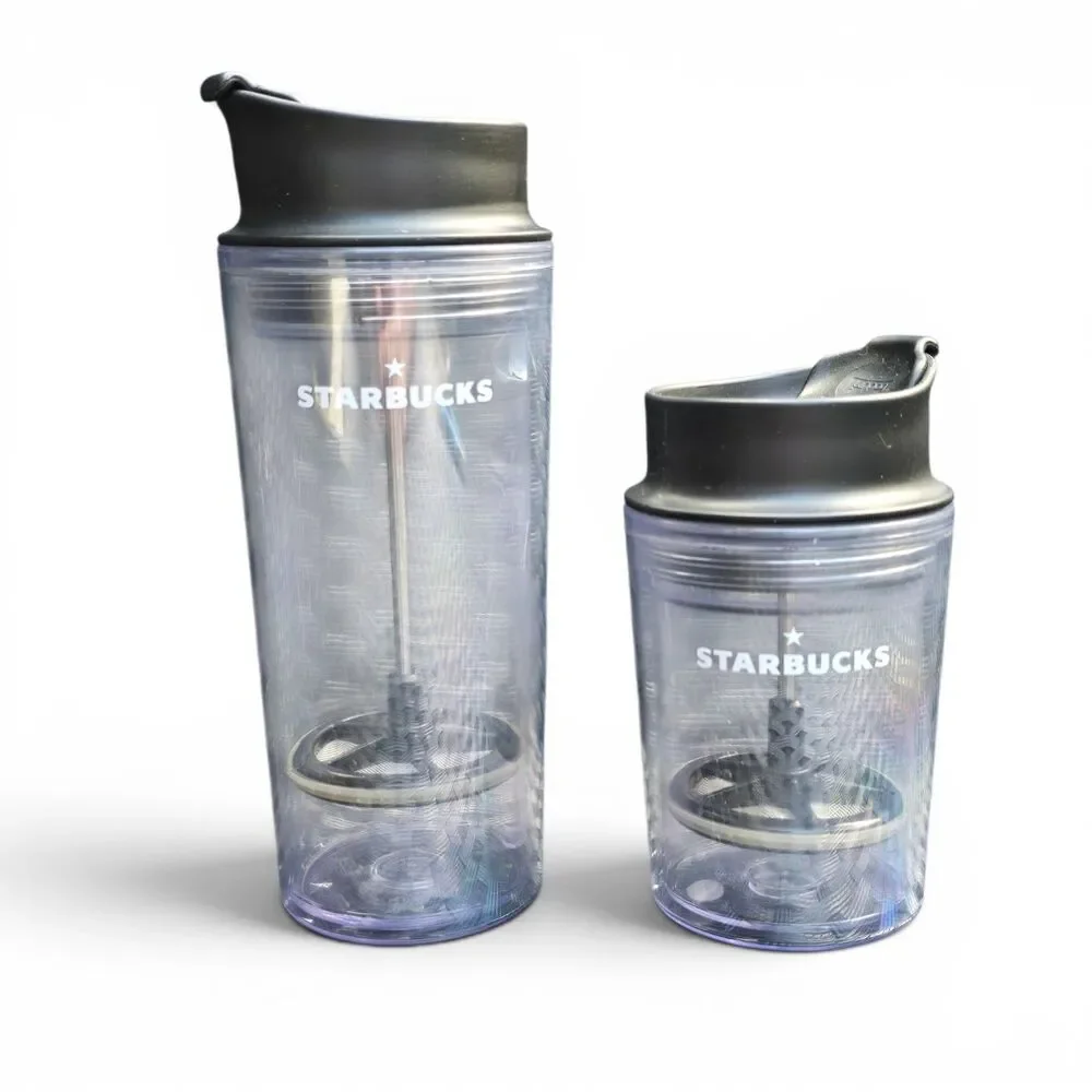 Pair Vintage Starbucks Travel French Press Tumbler Clear Plastic Mug 16oz 12oz